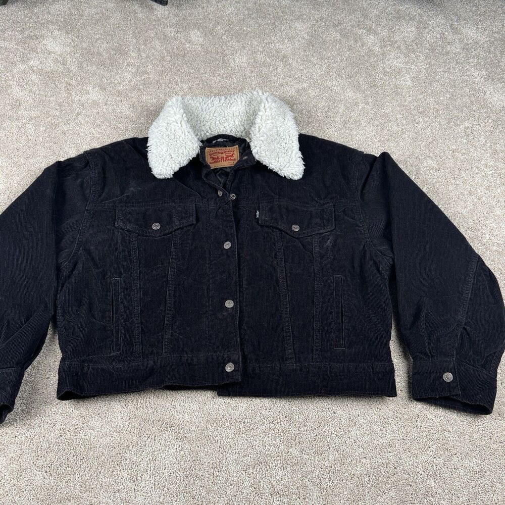 Levis Jacket Womens Large Black Corduroy Baby Cropped Trucker Sherpa Collar Coat